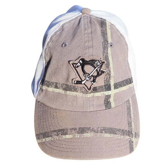 Pittsburgh Penguins Logo Patch Brown Front White Mesh Adjustable Hat Highmark - Picture 1 of 8